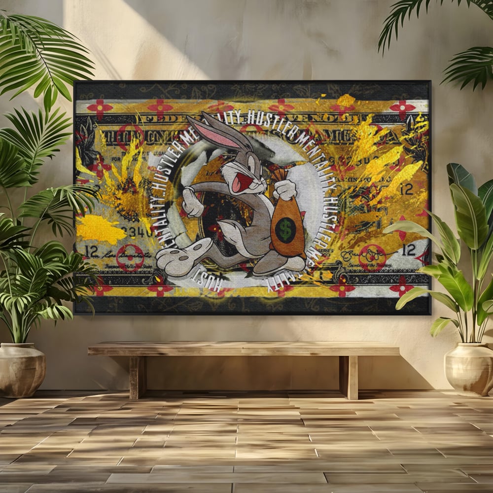 Tablou canvas cu tablou canvas cu dolar si bugs bunny, in rama de aluminiu negru